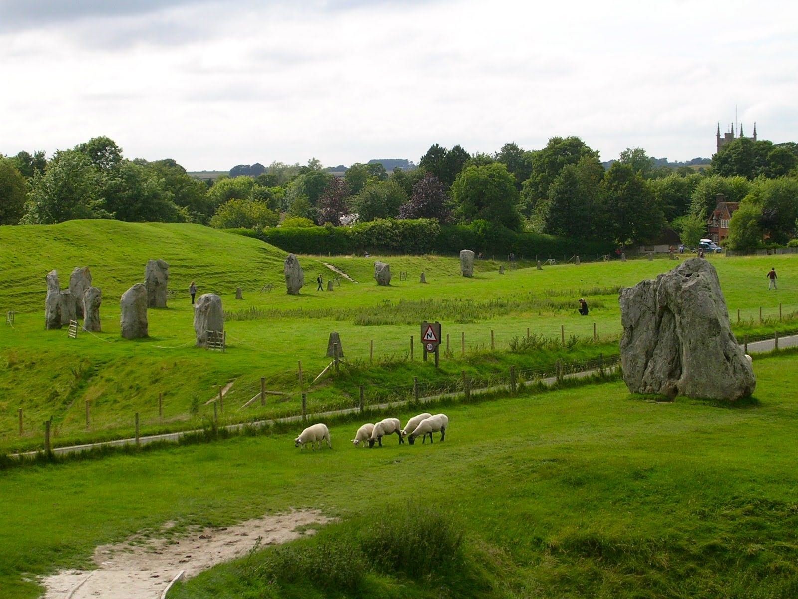 Avebury stone circle with sheep grazing on the grass